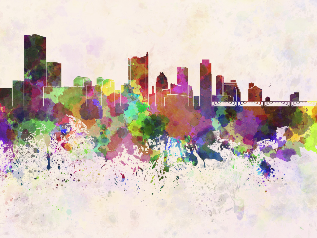 Austin skyline in watercolor background